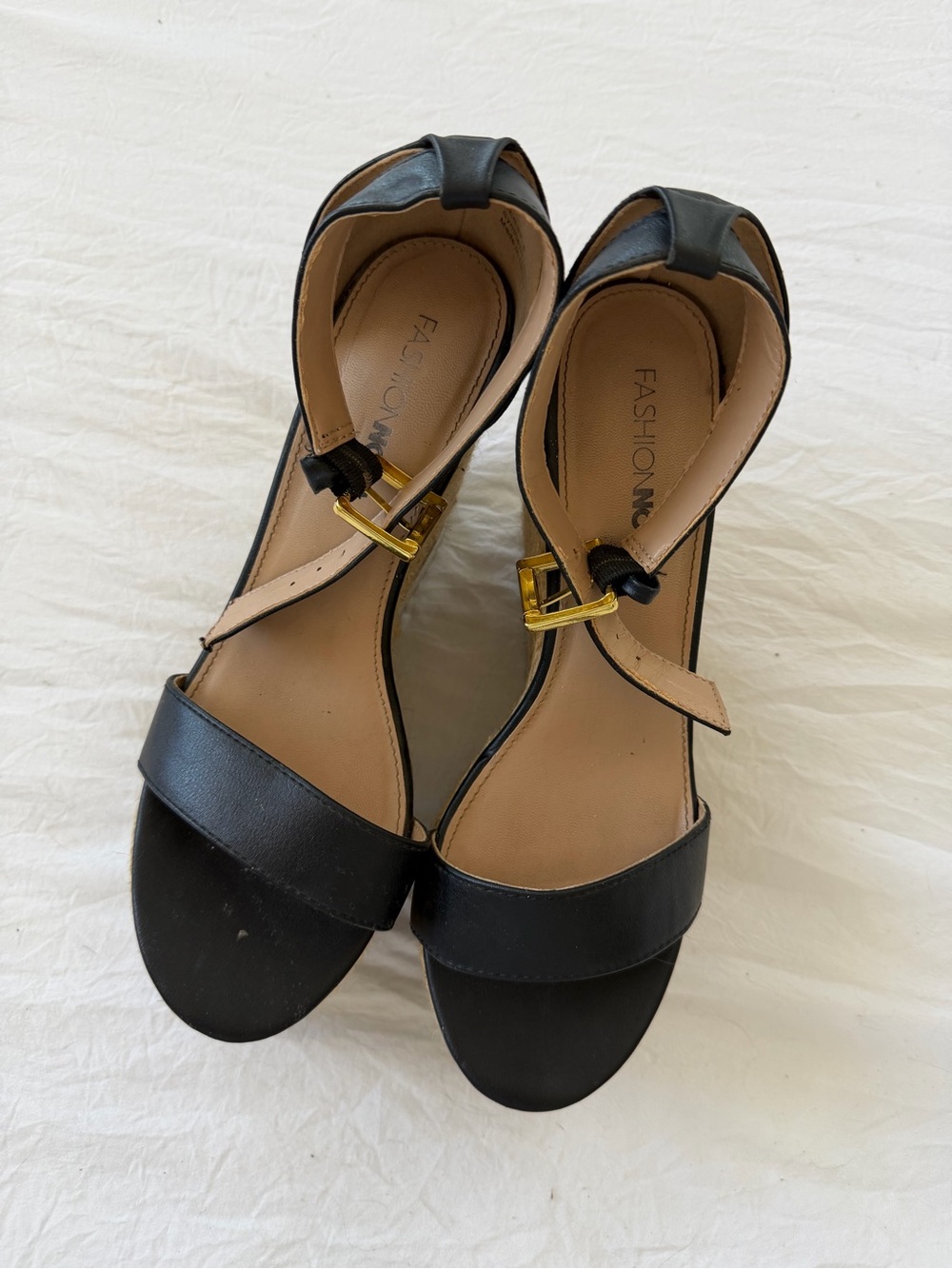 Fashion Nova Black Open-Toe Ankle Strap Heels with Gold Buckles